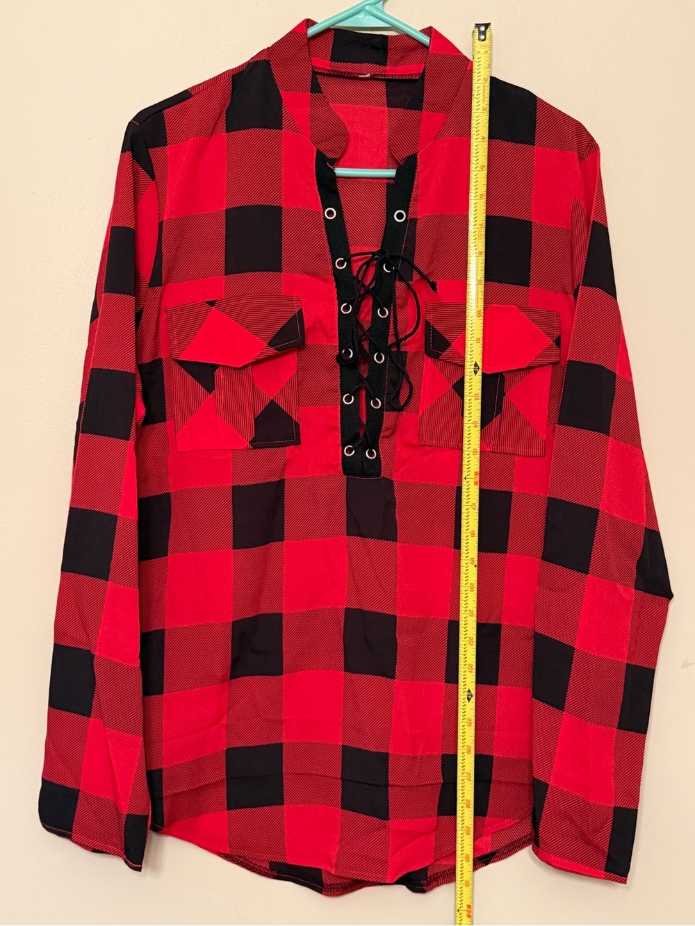 Red and Black Buffalo Plaid Lace-Up Shirt